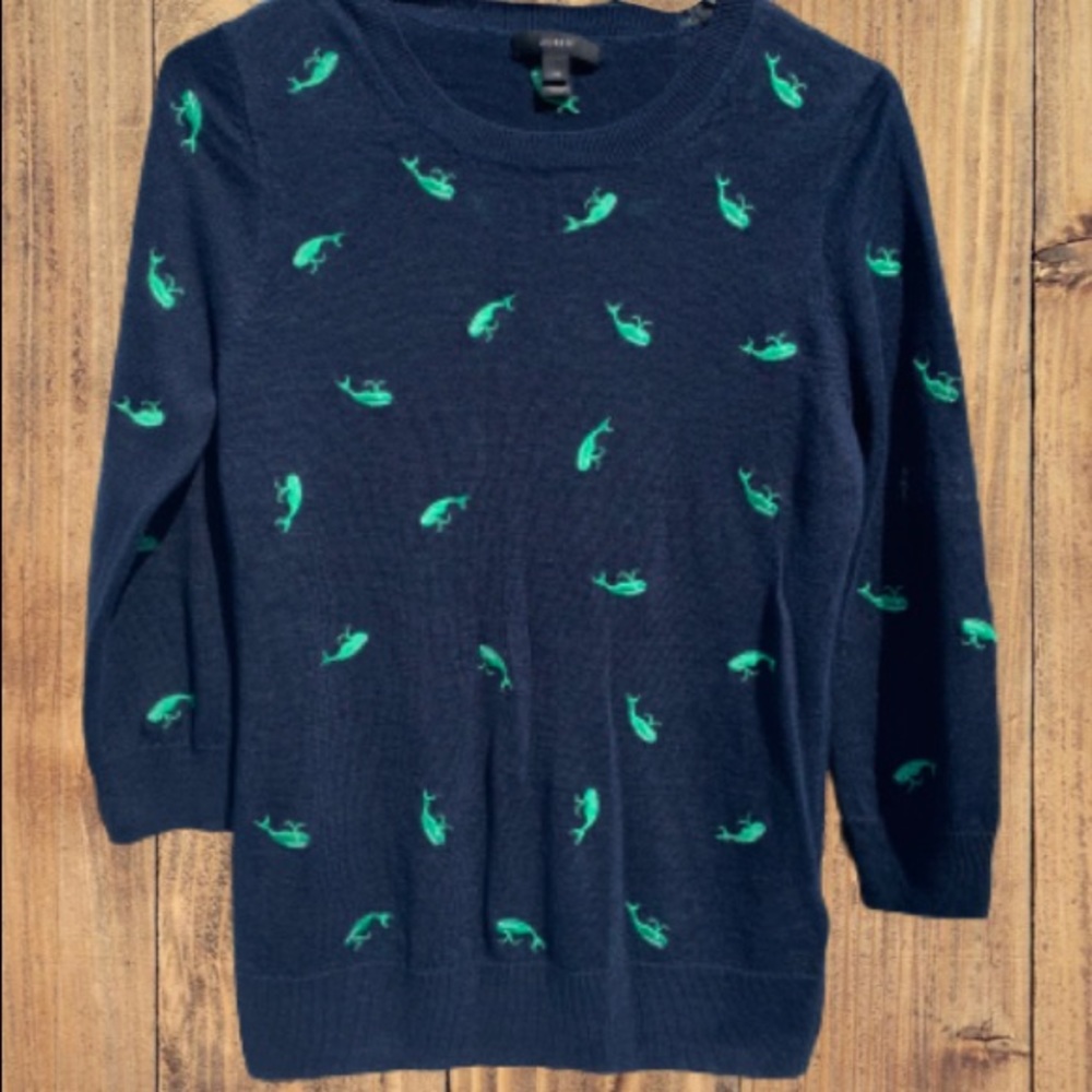 J.Crew Navy Linen Pullover With Green Whales XS